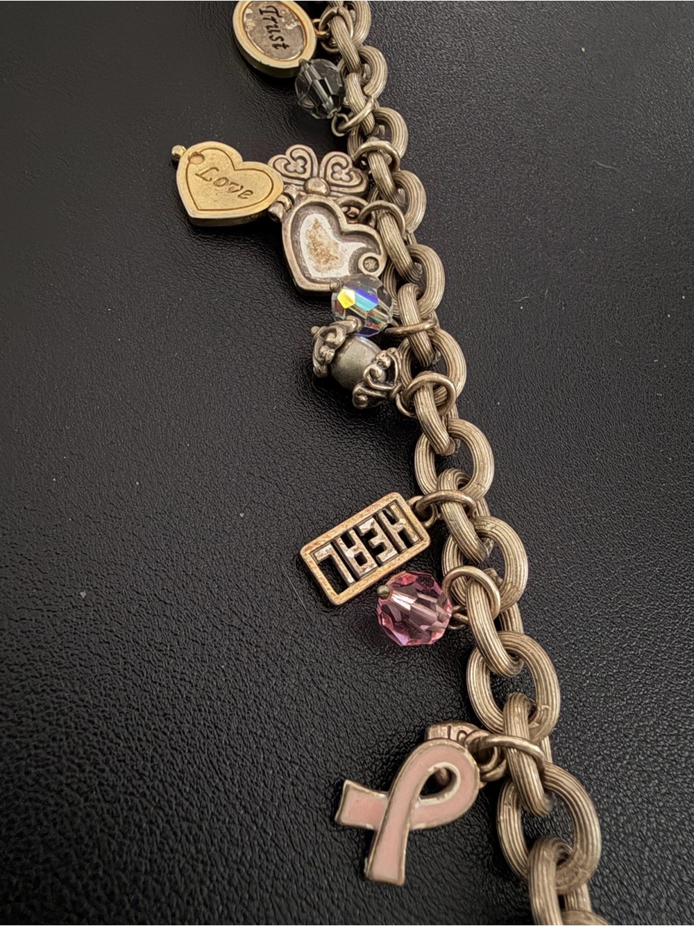 Silver-Tone Charm Bracelet with Pink Ribbon and Heart Charms - Picture 3 of 4